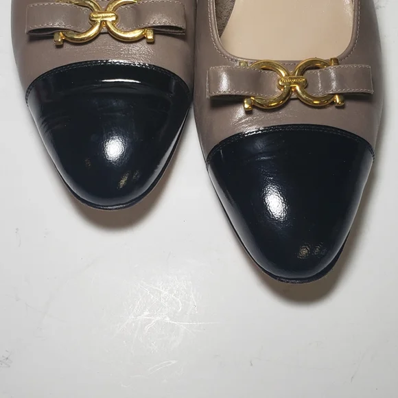 Ferragamo Tan and Black Gold Logo Heels - Picture 8 of 8